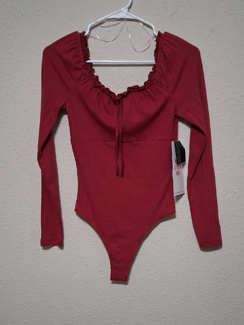 Celebrity Pink Wine Red Ribbed Long Sleeve Tie-Neck Bodysuit